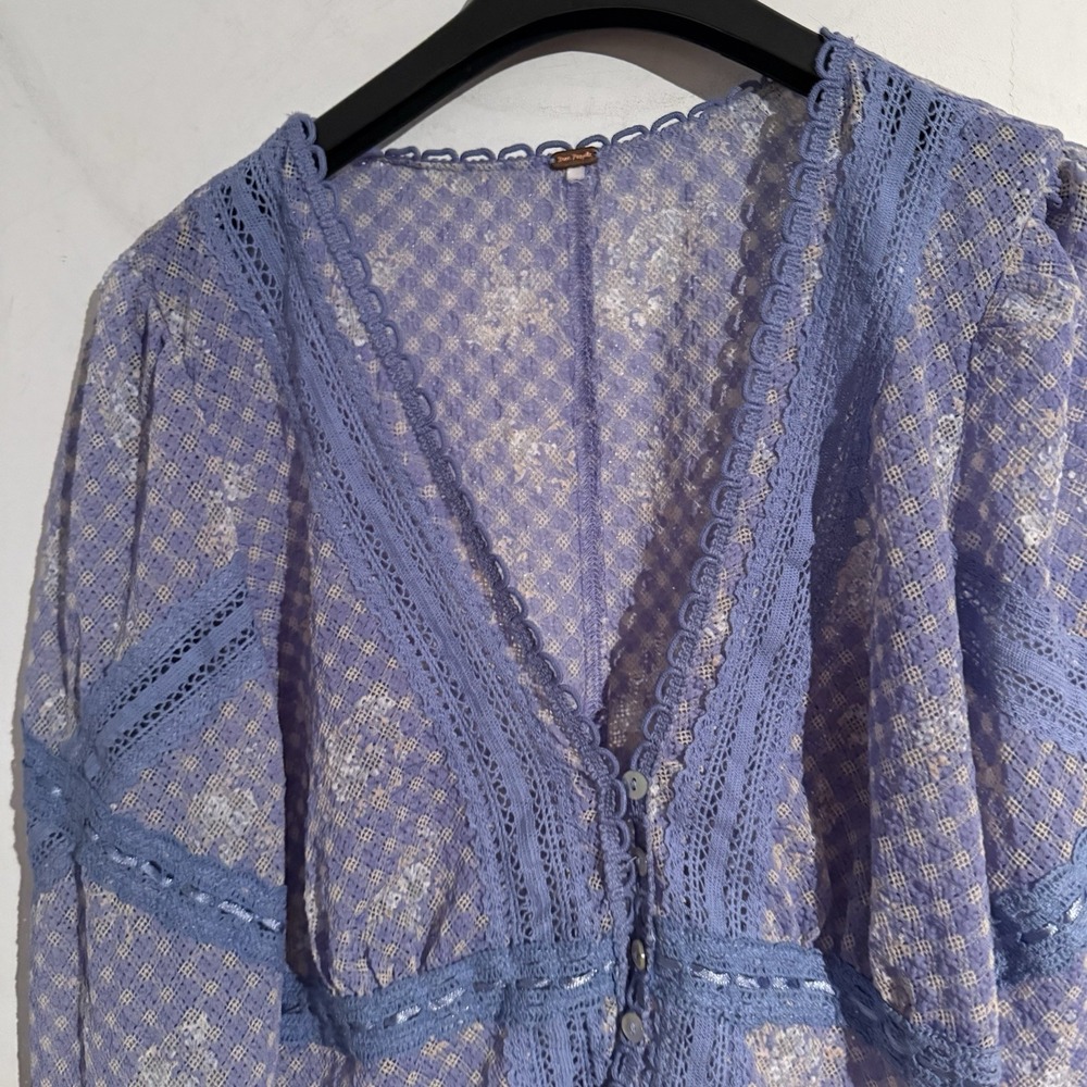 Free People Gingham Floral Lace Cardigan Top Women's S Blue Sheer Boho Fairy - Picture 2 of 5